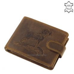 Vintage jellegű, minőségi barna színű bőrből készült vadász férfi bőr pénztárca. Átkapcsolóval zárható modell, fedelén muflon mintával.