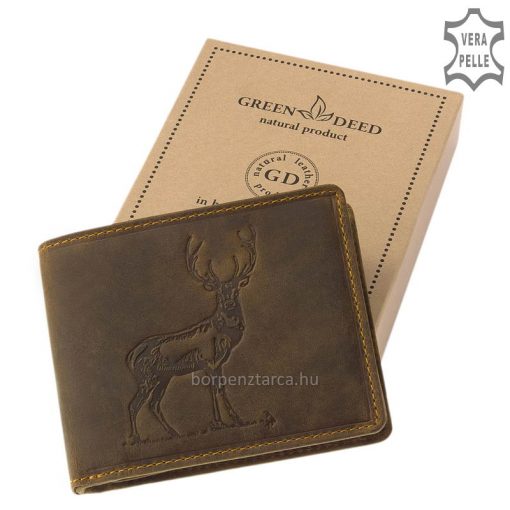 Első osztályú, minőségi bőrből készült, igazi vintage jellegű mintás vadász bőr pénztárca, mely a GreenDeed kollekció díszdobozos darabja.