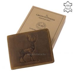 Egyedi módon kikészített minőségi bőr vadász férfi pénztárca, barna színű fedelére míves kidolgozású szarvas mintás motívumot kapott.