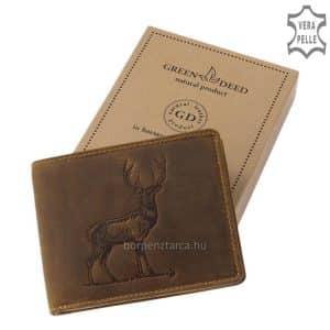 Egyedi módon kikészített minőségi bőr vadász férfi pénztárca, barna színű fedelére míves kidolgozású szarvas mintás motívumot kapott.