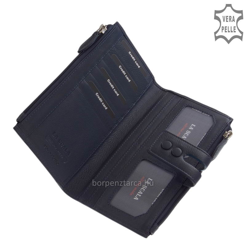 irattarto-bor-noi-penztarca-La-Scala-DN73-kek-03 Újdonságnak számító nagy méretű női bőr pénztárca puha tapintású valódi minőségi bőr, úgynevezett "marha nappa". Különleges, modern külsővel!