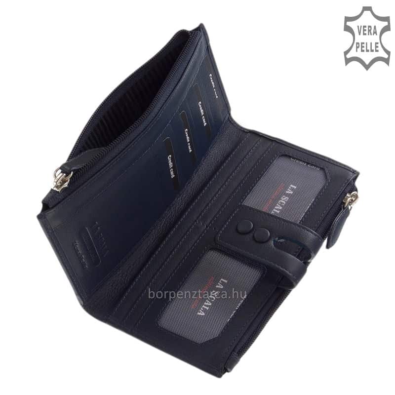 irattarto-bor-noi-penztarca-La-Scala-DN73-kek-04 Újdonságnak számító nagy méretű női bőr pénztárca puha tapintású valódi minőségi bőr, úgynevezett "marha nappa". Különleges, modern külsővel!