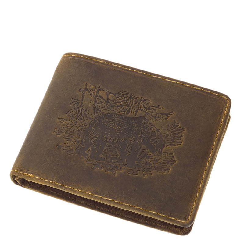 vadasz-penztarca-medve-mintaval-MEDVE9641-BAR-01 Prémium minőségű, valódi minőségi bőrből készült, mintás barna színű, hangulatos és igényes vadász férfi bőr pénztárca. Díszdobozoban küldjük