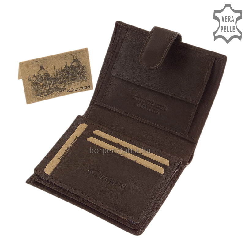 Giultieri-allo-kivitelu-ferfi-penztarca-dobozban-GIU20-barna-04 Valódi bőrből készült nagy méretű irattartó külső patentos átkapcsolóval tervezve, melytől a férfi bőr pénztárca megjelenése divatos