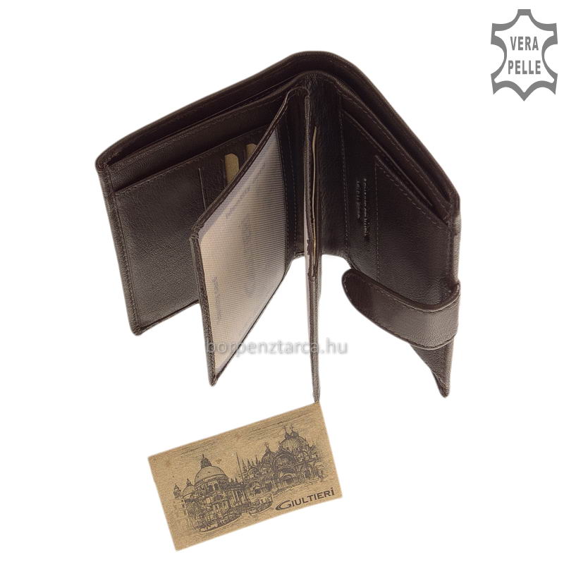 Giultieri-allo-kivitelu-ferfi-penztarca-dobozban-GIU20-barna-07 Valódi bőrből készült nagy méretű irattartó külső patentos átkapcsolóval tervezve, melytől a férfi bőr pénztárca megjelenése divatos
