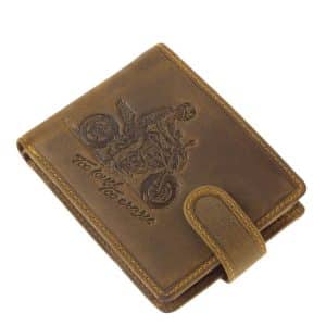 Vagány kivitelű motoros férfi bőr pénztárca, a speed motor nagy kedvelőinek, erős valódi marhabőrből készítve barna színben.