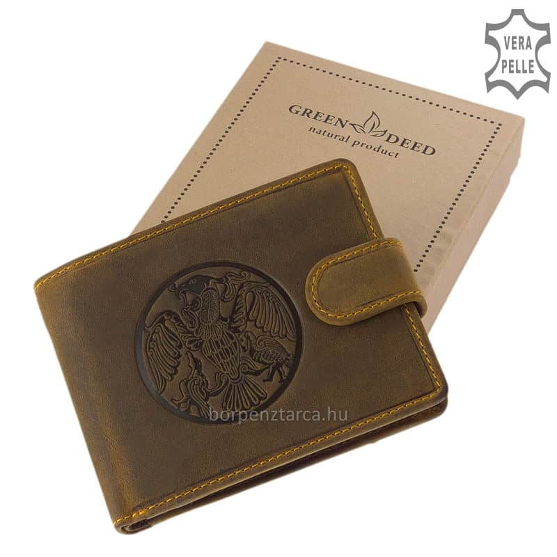 penztarca-turul-mintaval-diszdobozban-GreenDeed-TURUL99T-02 Egy igazán csodálatos mintás motívummal készült a GreenDeed valódi bőr fejlesztése a klasszikus barna férfi pénztárca turul mintával.