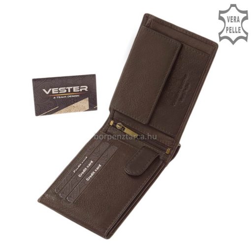 Exkluzív ajándék lehet ez a valódi bőr férfi pénztárca, praktikus belsővel, mely Vester márkás, kiváló termékünk. Stílusos díszdobozban.