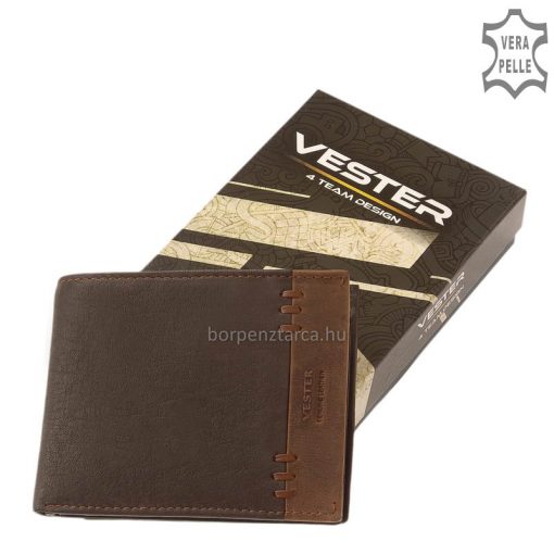 Kellemes tapintású valódi bőrből gyártott, minőségi Vester férfi bőr pénztárca klasszikus fedelén érdekes oldalsó design-nal.