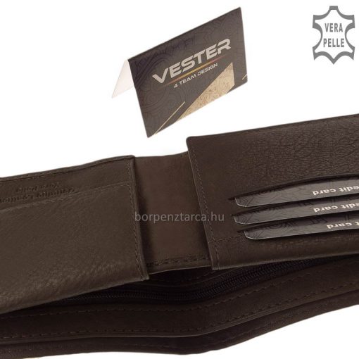 Kellemes tapintású valódi bőrből gyártott, minőségi Vester férfi bőr pénztárca klasszikus fedelén érdekes oldalsó design-nal.