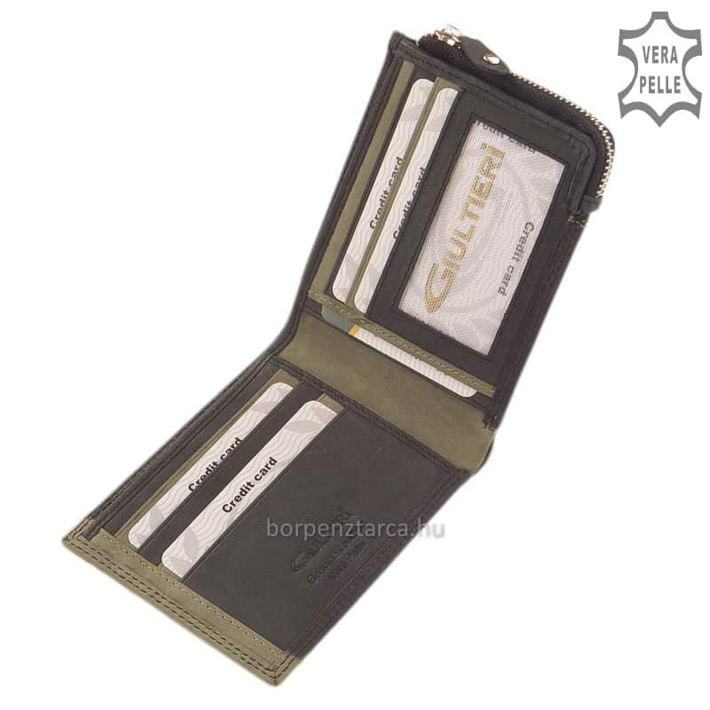 Giultieri-ferfi-bor-penztarca-COM26-fekete-zold-02 Új formavilágú sportos férfi bőr pénztárca valódi bőrből minőségi GIULTIERI modell, aprópénztartója a sportos tárca oldalán helyezkedik el.