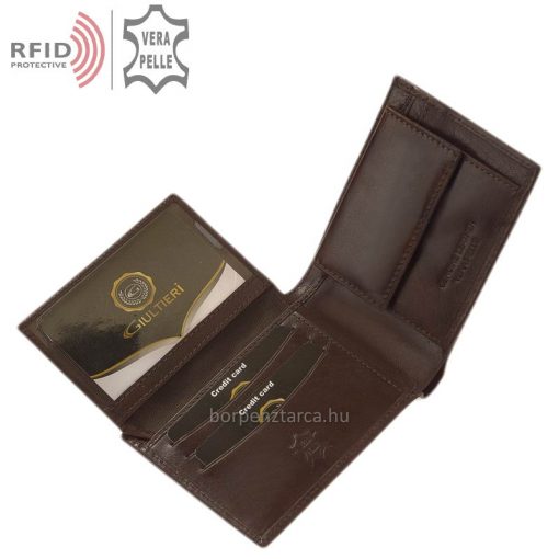 Klasszikus RFID férfi pénztárca bőrből, fedelén a Giultieri elegáns benyomott logója látható, melytől a bőr termék még kifinomultabbá válik.