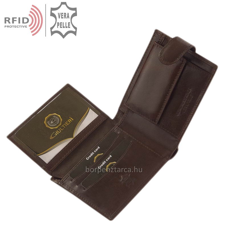 Giultieri-bor-ferfi-penztarca-RF09T-barna-03 Minőségi kivitelben készített, prémium kategóriás Giultieri márkájú klasszikus megjelenésű elegáns férfi bőr pénztárca RFID védelemmel.
