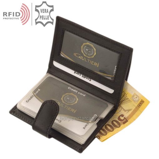 Álló fazonú Giultieri bőr kártyatartó RFID védelemmel, kiváló minőségű valódi marhabőrből gyártva, díszdobozos kivitelben. Ajándéknak kiváló!
