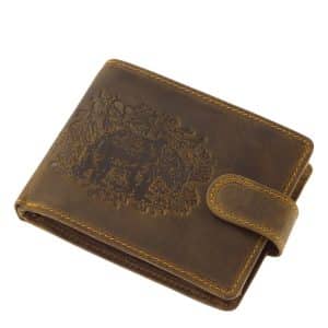 Férfi bőr pénztárca, valódi bőrből készítve, vadász hangulatú mintával, barna színben, a minőségi GreenDeed márkanév alatt elkészítve.