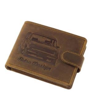 Valódi, kiváló minőségű bőr férfi pénztárca autó mintás, barna színű egyedi külsővel.Két oldalát praktikus patentos átkapcsoló pánt zárja le.