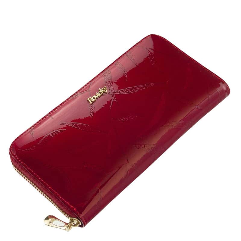 Lakkbor-noi-penztarca-RFID-vedelemmel-8807-LPC-red-01 Nagyon elegáns, egyedi dizájnnal és divatos lakk bőr felülettel készült levél mintázatú, piros színű, nagy méretű női pénztárca.