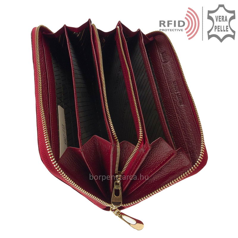 Lakkbor-noi-penztarca-RFID-vedelemmel-8807-LPC-red-05 Nagyon elegáns, egyedi dizájnnal és divatos lakk bőr felülettel készült levél mintázatú, piros színű, nagy méretű női pénztárca.