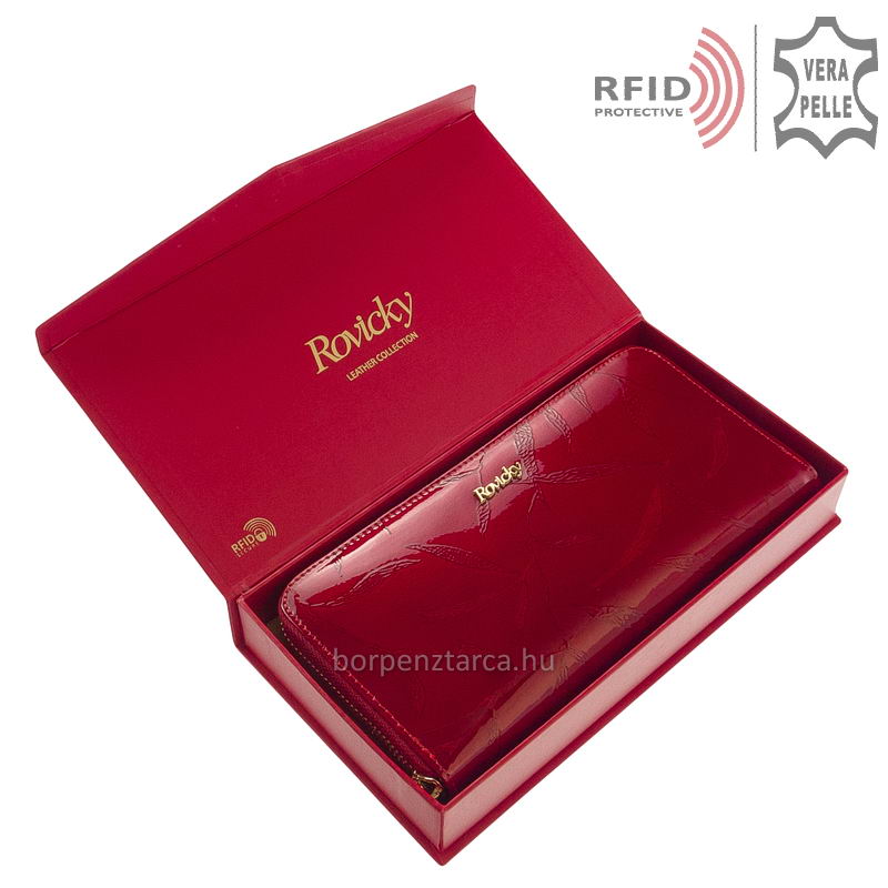Lakkbor-noi-penztarca-RFID-vedelemmel-8807-LPC-red-06 Nagyon elegáns, egyedi dizájnnal és divatos lakk bőr felülettel készült levél mintázatú, piros színű, nagy méretű női pénztárca.