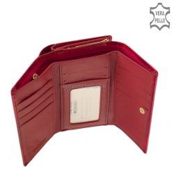 Alessandro Paoli márkajelzésű, kisméretű fényes felületű, elegáns női bőr pénztárca. Arany színű külső keretes aprópénztartóval rendelkezik.