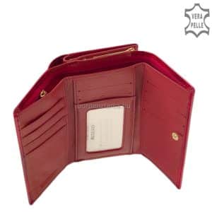 Alessandro Paoli márkajelzésű, kisméretű fényes felületű, elegáns női bőr pénztárca. Arany színű külső keretes aprópénztartóval rendelkezik.