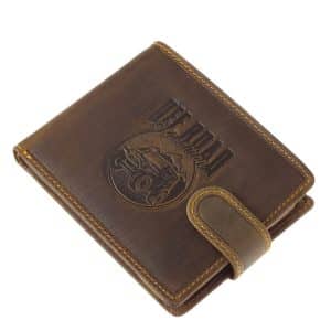 Minőségi, valódi bőr férfi pénztárca off road mintás rusztikus barna színű külsővel, két oldalát patentos átkapcsoló pánt zárja le.