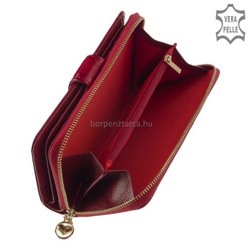Divatos női pénztárca az Alessandro Paoli márkacsaládtól, minőségi lakk bőr felhasználásával készült, piros színű felületén egyedi mintázattal