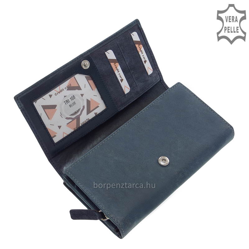 sokrekeszes-noi-penztarca-Giultieri-TRI108-kek-04 Nagyméretű, Giultieri felirattal ellátott dekoratív és rendkívül egyedi megjelenésű női bőr pénztárca, mely többféle bőrből lett kikészítve.