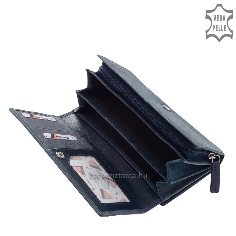 sokrekeszes-noi-penztarca-Giultieri-TRI108-kek-05 Nagyméretű, Giultieri felirattal ellátott dekoratív és rendkívül egyedi megjelenésű női bőr pénztárca, mely többféle bőrből lett kikészítve.