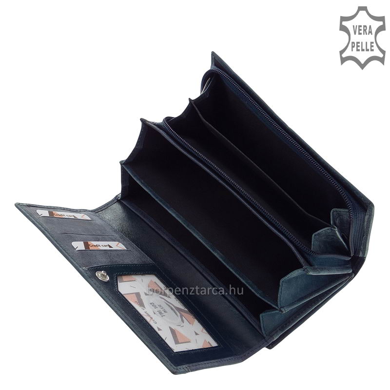 sokrekeszes-noi-penztarca-Giultieri-TRI108-kek-06 Nagyméretű, Giultieri felirattal ellátott dekoratív és rendkívül egyedi megjelenésű női bőr pénztárca, mely többféle bőrből lett kikészítve.