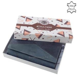 Nagyméretű, Giultieri felirattal ellátott dekoratív és rendkívül egyedi megjelenésű női bőr pénztárca, mely többféle bőrből lett kikészítve.