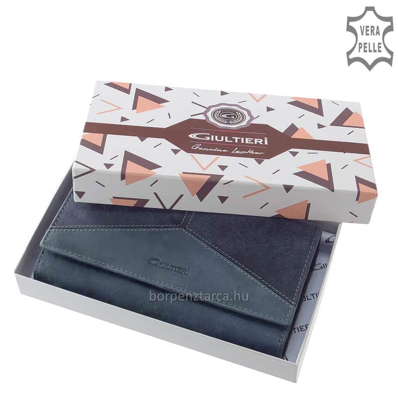 sokrekeszes-noi-penztarca-Giultieri-TRI108-kek-07 Nagyméretű, Giultieri felirattal ellátott dekoratív és rendkívül egyedi megjelenésű női bőr pénztárca, mely többféle bőrből lett kikészítve.