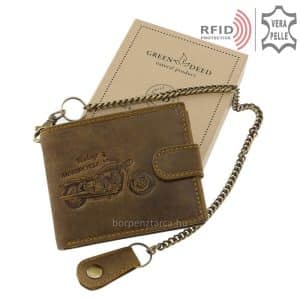 Valódi bőrből készült GreenDeed márkájú minőségi férfi bőr pénztárca, melynek egyedi fedelén egy aprólékos kidolgozású motoros minta látható.