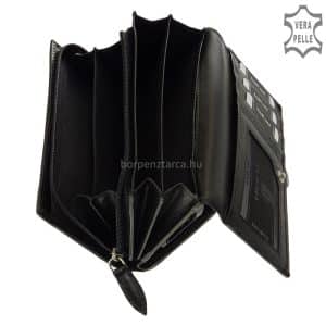 Női bőr pénztárca valódi, minőségi bőrből gyártva mely modell fedelének széleit különleges dupla soros dísztűzés teszi mutatóssá.