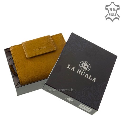Kis méretű női bőr pénztárca modell, mely minőségi valódi bőrből készült, fedelén a márkás LA SCALA elegáns logójával. Díszdobozos modell