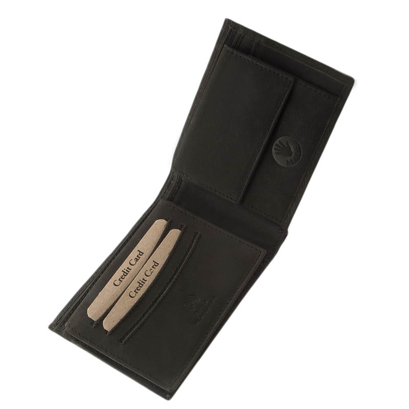 Természetes karakterű, masszív, valódi, minőségi bőr férfi pénztárca, RFID védelemmel és díszdobozos csomagolásban, átkapcsoló nélkül.