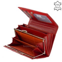 Magas minőségű nappa bőr felhasználásával gyártott elegáns női pénztárca, fedelét dekoratív dupla soros klasszikus dísztűzés díszíti.