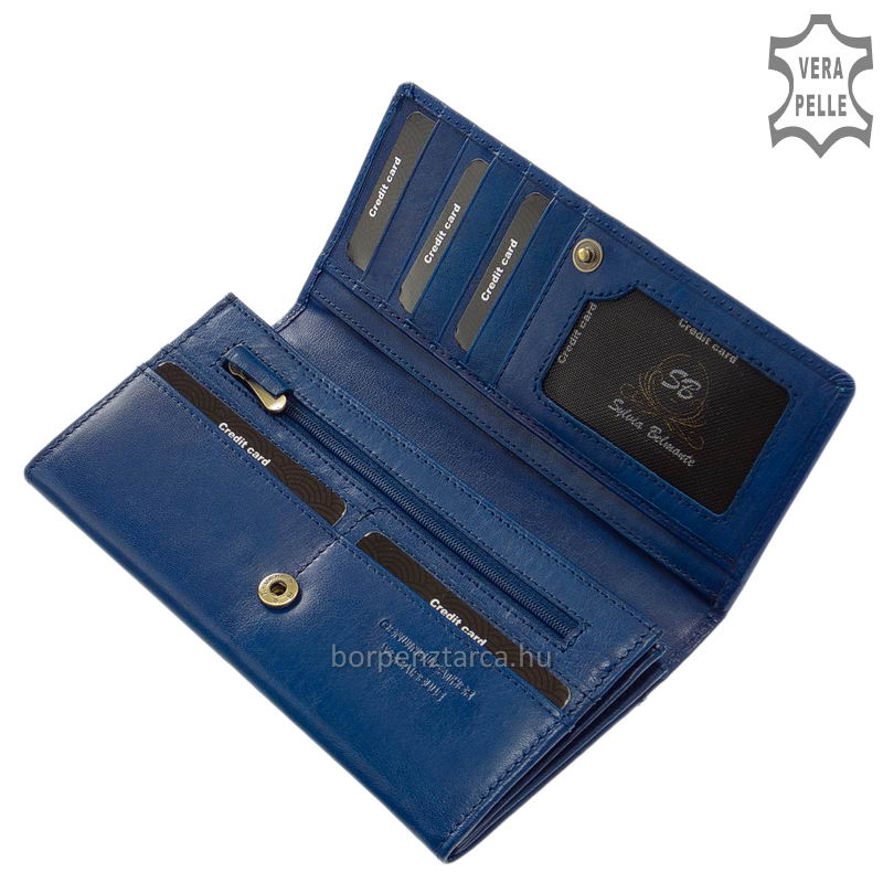 stilusos-noi-penztarca-femlogoval-diszdobozban-Sylvia-Belmonte-ZEN72037-kek-04 Minőségi, egyedi kikészítésű bőr felhasználásával készült tágas és praktikus, dekoratív megjelenésű márkás női divat bőr pénztárca.