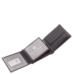 Klasszikus fekete színű külsővel rendelkező férfi bőr pénztárca, praktikus elrendezés jegyében igazi bőr felhasználásával készítjük.