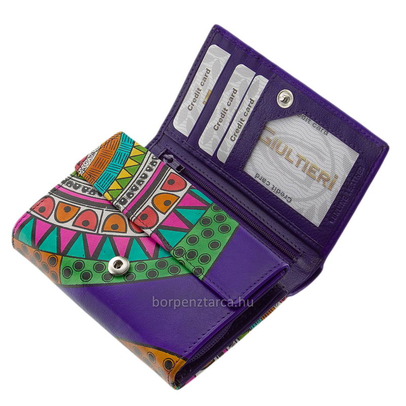 kezzel-festett-noi-penztarca-Giultieri-SZI068-lila-04 Jól kihasználható, közepes méretű női valódi bőr pénztárca modell, mely egyedi mintás külsővel és rengeteg hasznos funkcióval készült.