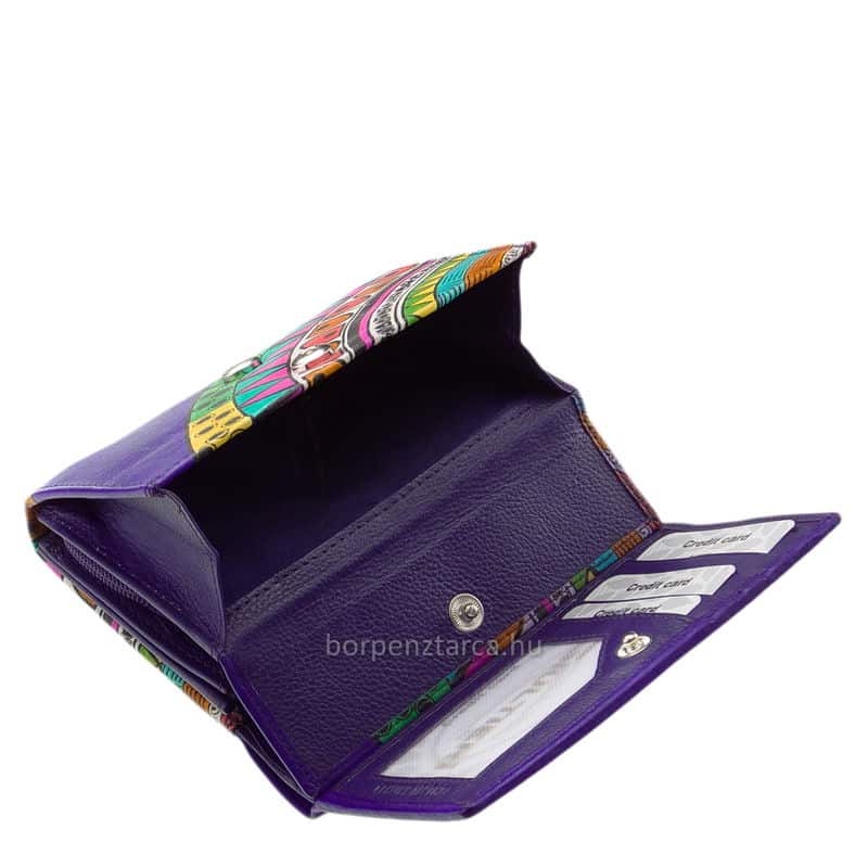 kezzel-festett-noi-penztarca-Giultieri-SZI068-lila-05 Jól kihasználható, közepes méretű női valódi bőr pénztárca modell, mely egyedi mintás külsővel és rengeteg hasznos funkcióval készült.