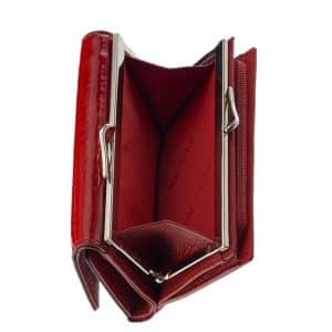 Fényes lakk bőrből készült kiváló, minőségi, kis méretű női divat bőr pénztárca, melyet nagyon szép piros színben készítünk.