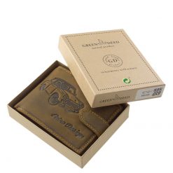 Valódi minőségi bőr felhasználásával gyártott, barna színű férfi pénztárca, retro autó mintával, a régi autók kedvelőinek RFID védelemmel.
