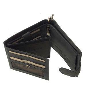 Natúr jellegű bőr felhasználásával készített , egyedi motoros, minőségi bőr férfi pénztárca a GreenDeed -től fekete és barna színben.