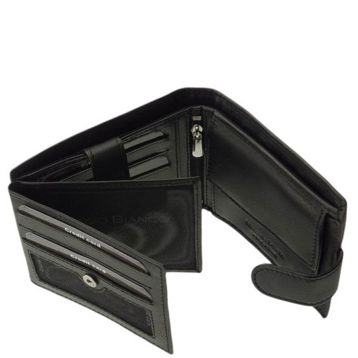 Valódi, puha bőrből készült, elegáns fekete férfi pénztárca, mely Corvo Bianco termékcsaládunk egyik legújabb RFID modellje.