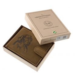 GreenDeed márkajelzésű, egyedi barna színű mintás, kutyás bőr pénztárca minőségi bőrből legyártva. Fedelén precíz kidolgozású vizsla képe.