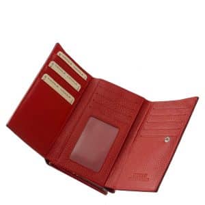 Divatos női bőr pénztárca elegáns megjelenésű lakozott felületű valódi bőrből piros színben , Nicole márkás fémlogóval fedelén