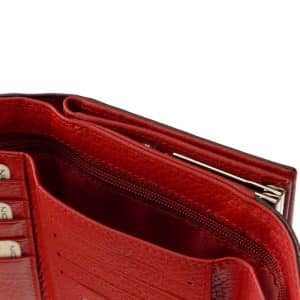 Divatos női bőr pénztárca elegáns megjelenésű lakozott felületű valódi bőrből piros színben , Nicole márkás fémlogóval fedelén