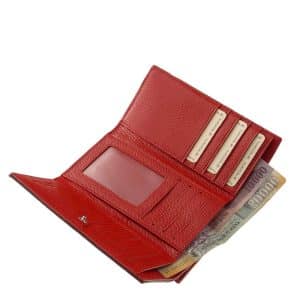 Divatos női bőr pénztárca elegáns megjelenésű lakozott felületű valódi bőrből piros színben , Nicole márkás fémlogóval fedelén