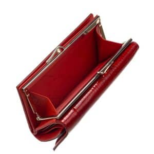 Divatos női bőr pénztárca elegáns megjelenésű lakozott felületű valódi bőrből piros színben , Nicole márkás fémlogóval fedelén